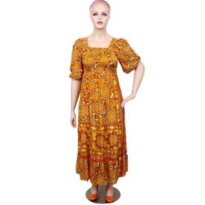 Me 2 Magic Anthropologie Yellow/Orange Sun Medallion Print Tiered Dress Size S